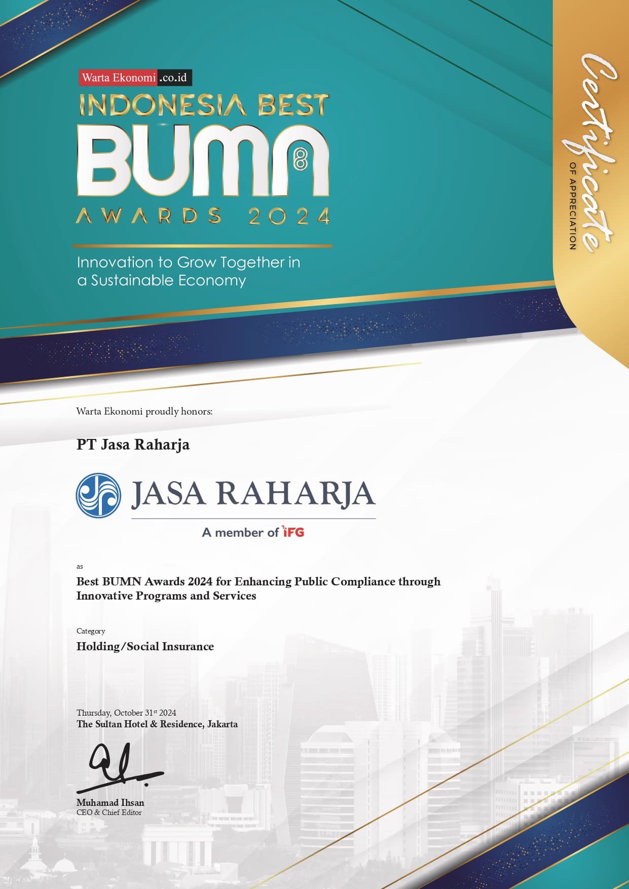 Best BUMN Awards 2024 for Enhancing Public Compliance through Innovative Programs and Services