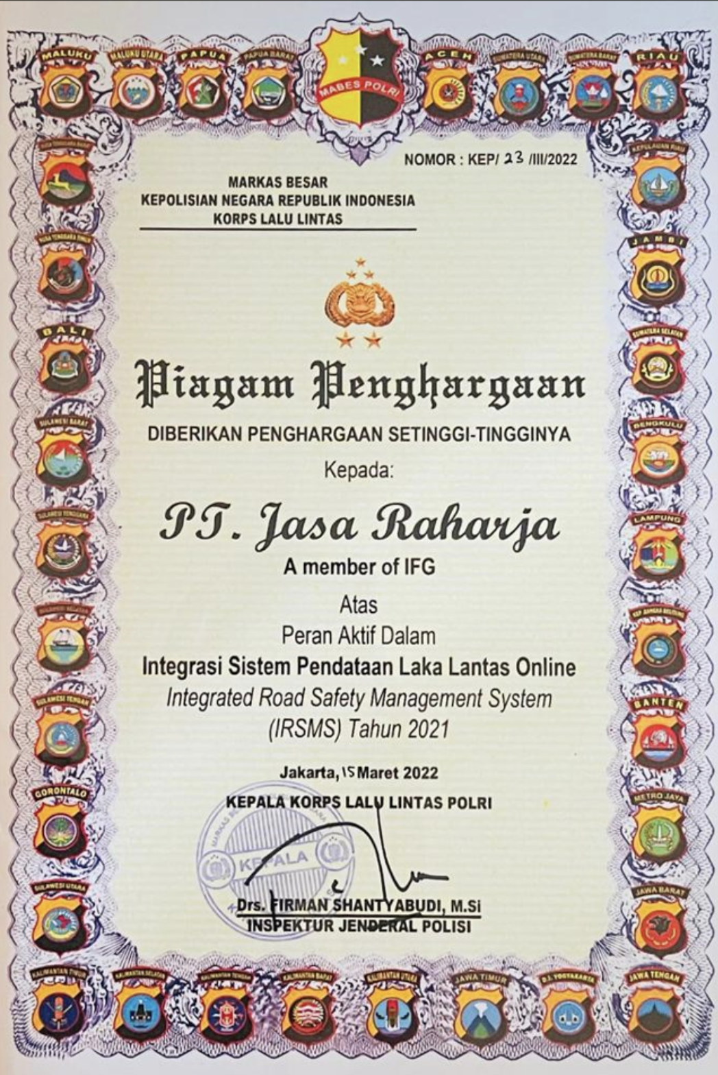 Jasa Raharja - Peran Aktif Dalam Integrasi Sistem Pendataan Laka Lantas Online (IRSMS) Tahun 2021