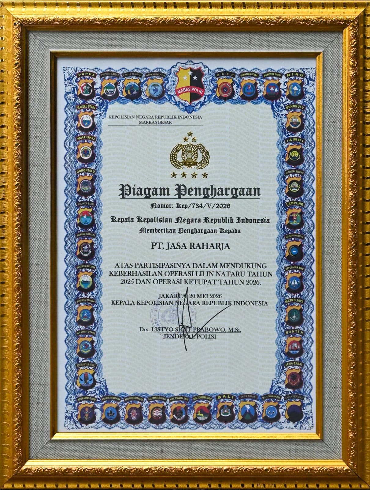 Piagam Penghargaan Keberhasilan Operasi Lilin Nataru Tahun 2025 dan Operasi Ketupat Tahun 2026